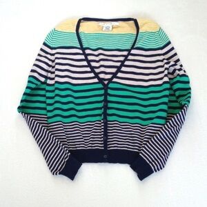 Max Studio Cropped Long Sleeve Green Navy Blue Stripe Nylon Cardigan Sweater L